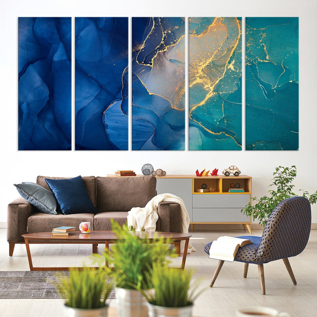 Navy Blue and Green Gold Modern Abstract Canvas Wall Art Giclee Print