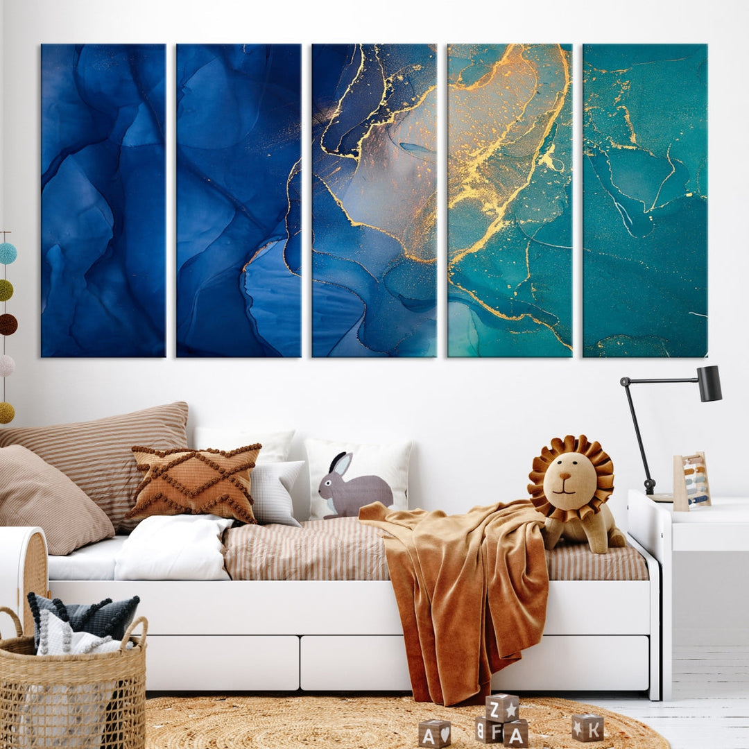 Navy Blue and Green Gold Modern Abstract Canvas Wall Art Giclee Print