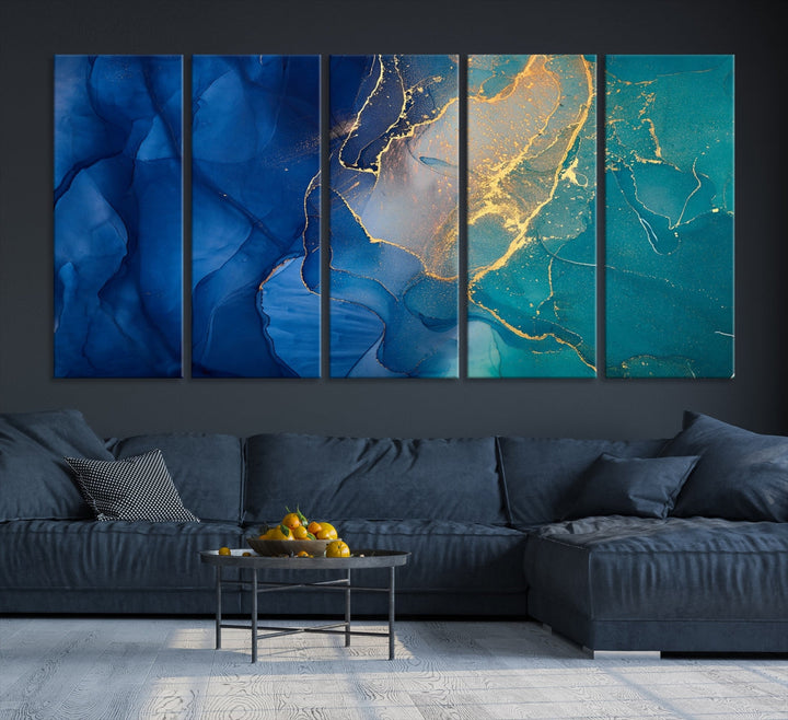 Navy Blue and Green Gold Modern Abstract Canvas Wall Art Giclee Print