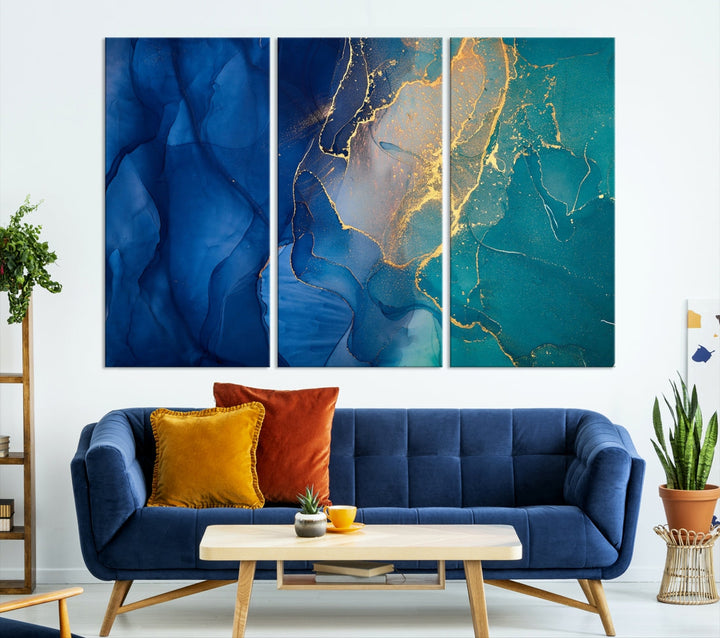 Navy Blue and Green Gold Modern Abstract Canvas Wall Art Giclee Print