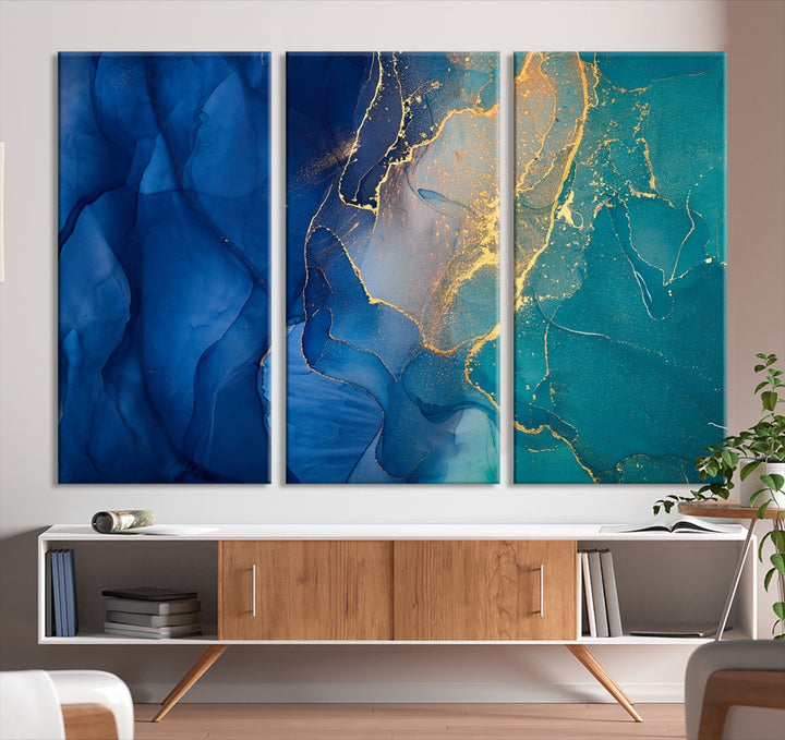 Navy Blue and Green Gold Modern Abstract Canvas Wall Art Giclee Print