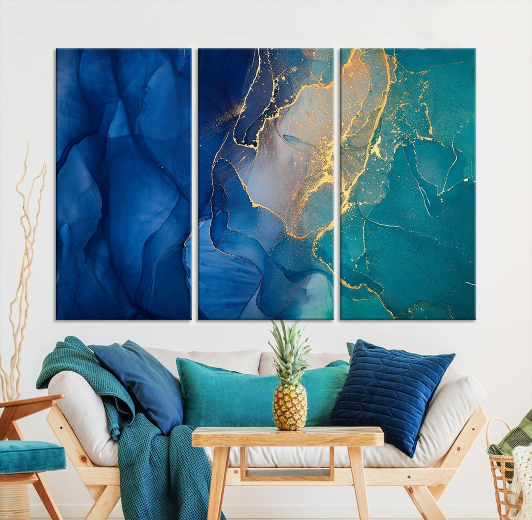 Navy Blue and Green Gold Modern Abstract Canvas Wall Art Giclee Print