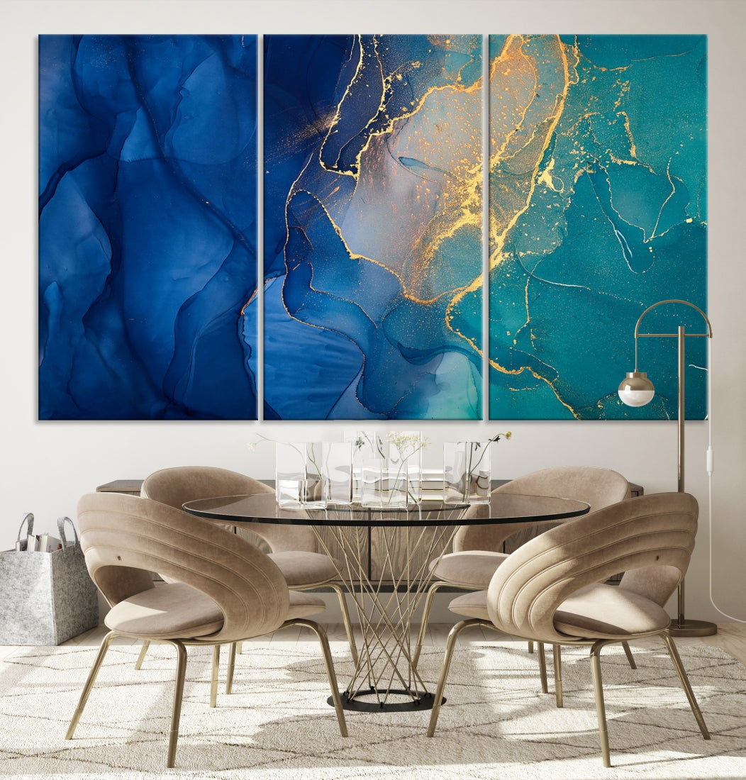 Navy Blue and Green Gold Modern Abstract Canvas Wall Art Giclee Print