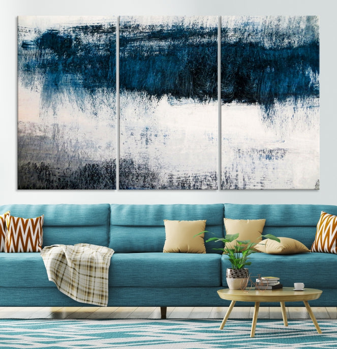 Navy Blue and White Abstract Landscape Canvas Wall Art Print for Living Room Bedroom Decor