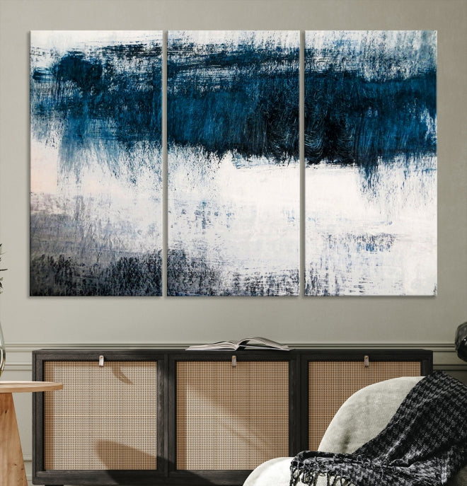 Navy Blue and White Abstract Landscape Canvas Wall Art Print for Living Room Bedroom Decor