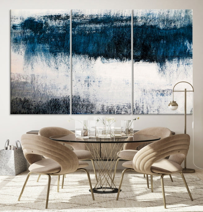 Navy Blue and White Abstract Landscape Canvas Wall Art Print for Living Room Bedroom Decor