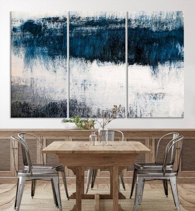 Navy Blue and White Abstract Landscape Canvas Wall Art Print for Living Room Bedroom Decor