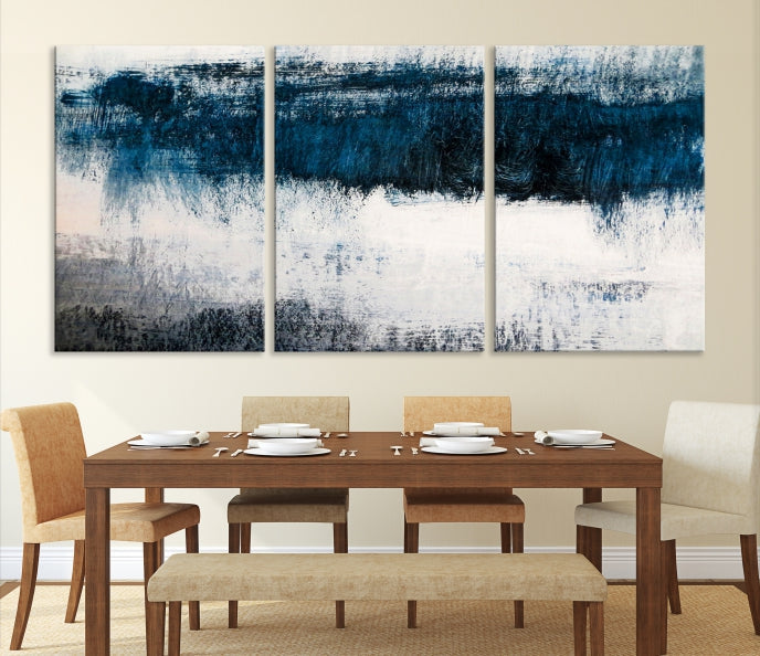 Navy Blue and White Abstract Landscape Canvas Wall Art Print for Living Room Bedroom Decor