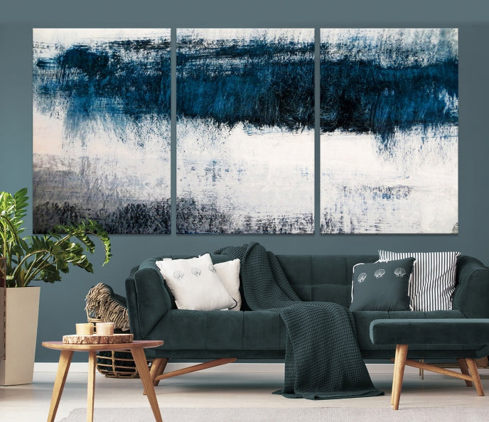 Navy Blue and White Abstract Landscape Canvas Wall Art Print for Living Room Bedroom Decor