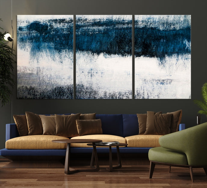 Navy Blue and White Abstract Landscape Canvas Wall Art Print for Living Room Bedroom Decor