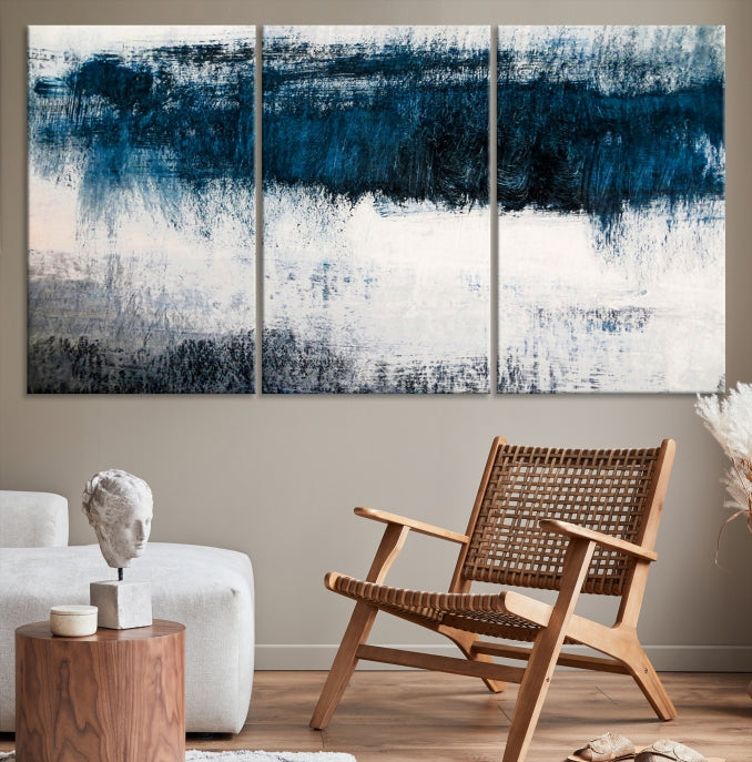 Navy Blue and White Abstract Landscape Canvas Wall Art Print for Living Room Bedroom Decor