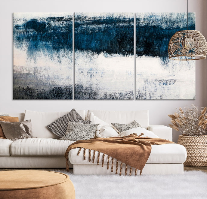 Navy Blue and White Abstract Landscape Canvas Wall Art Print for Living Room Bedroom Decor