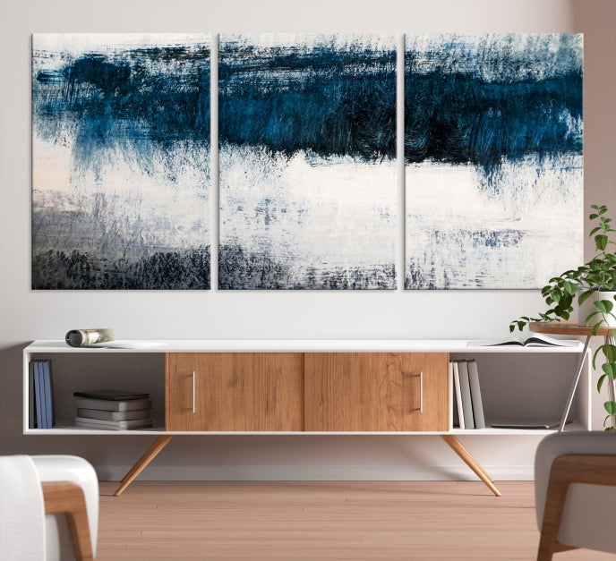 Navy Blue and White Abstract Landscape Canvas Wall Art Print for Living Room Bedroom Decor