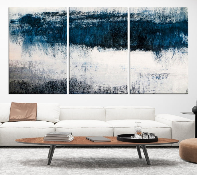 Navy Blue and White Abstract Landscape Canvas Wall Art Print for Living Room Bedroom Decor