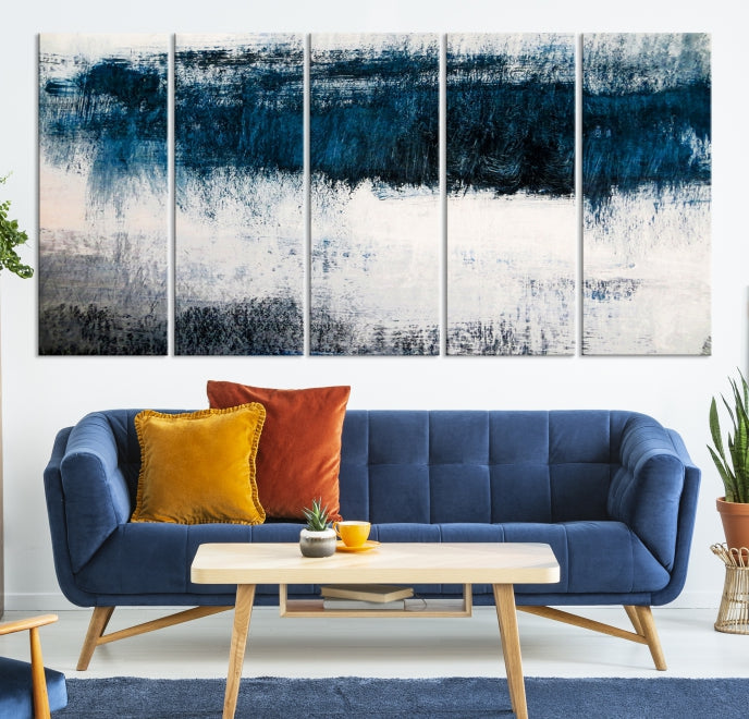 Navy Blue and White Abstract Landscape Canvas Wall Art Print for Living Room Bedroom Decor