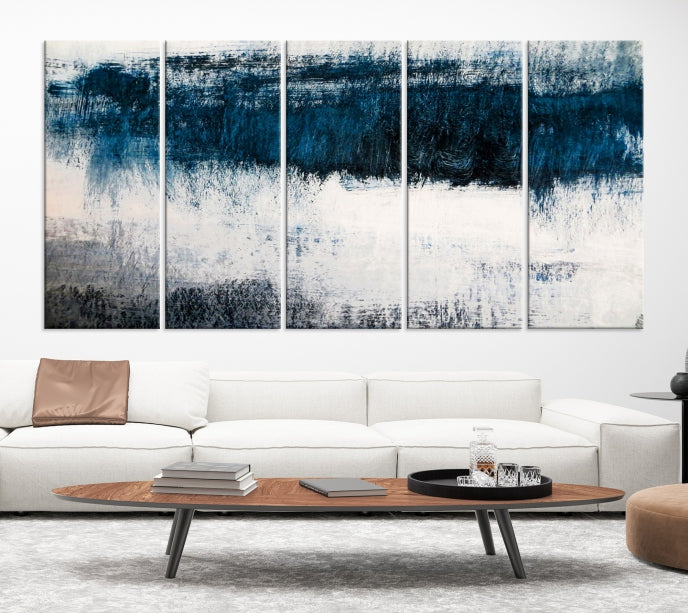 Navy Blue and White Abstract Landscape Canvas Wall Art Print for Living Room Bedroom Decor