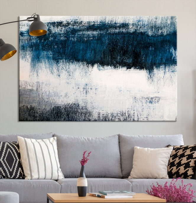 Navy Blue and White Abstract Landscape Canvas Wall Art Print for Living Room Bedroom Decor