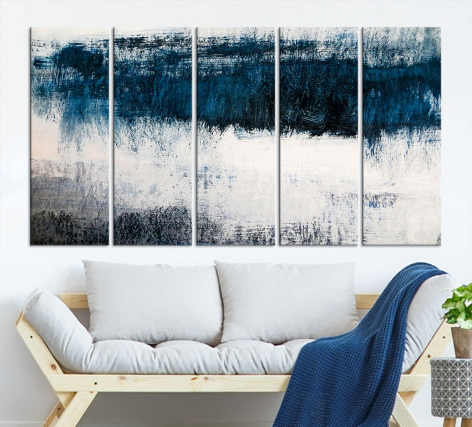 Navy Blue and White Abstract Landscape Canvas Wall Art Print for Living Room Bedroom Decor