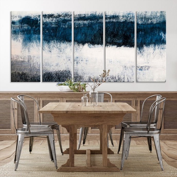 Navy Blue and White Abstract Landscape Canvas Wall Art Print for Living Room Bedroom Decor