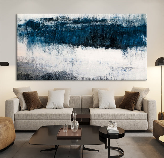 Navy Blue and White Abstract Landscape Canvas Wall Art Print for Living Room Bedroom Decor