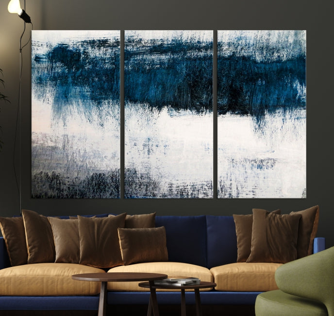 Navy Blue and White Abstract Landscape Canvas Wall Art Print for Living Room Bedroom Decor