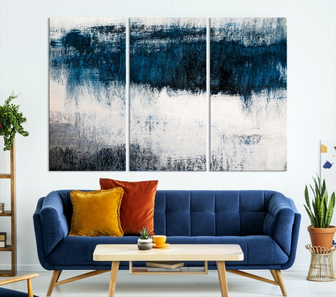 Navy Blue and White Abstract Landscape Canvas Wall Art Print for Living Room Bedroom Decor