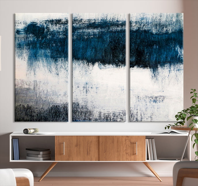 Navy Blue and White Abstract Landscape Canvas Wall Art Print for Living Room Bedroom Decor