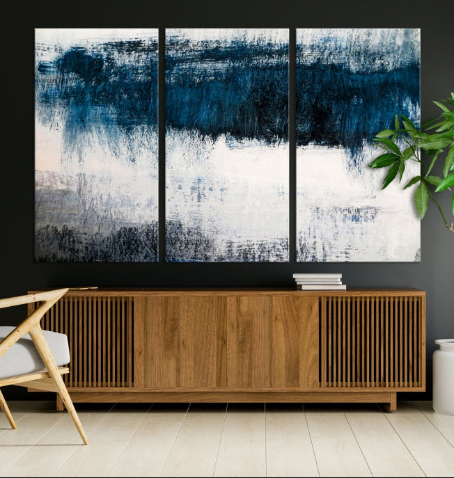 Navy Blue and White Abstract Landscape Canvas Wall Art Print for Living Room Bedroom Decor