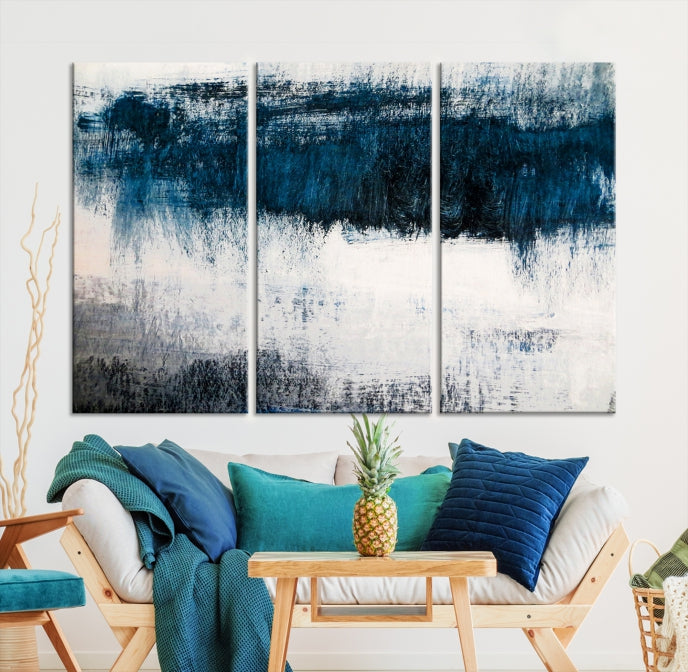 Navy Blue and White Abstract Landscape Canvas Wall Art Print for Living Room Bedroom Decor