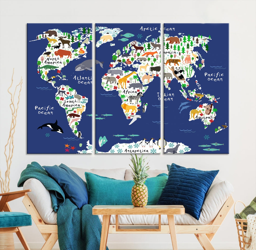 Navy Blue Animal World Map Canvas Prints For Kids Room Decoration, Kids World Map Canvas Print Nursery Room Canvas Wall