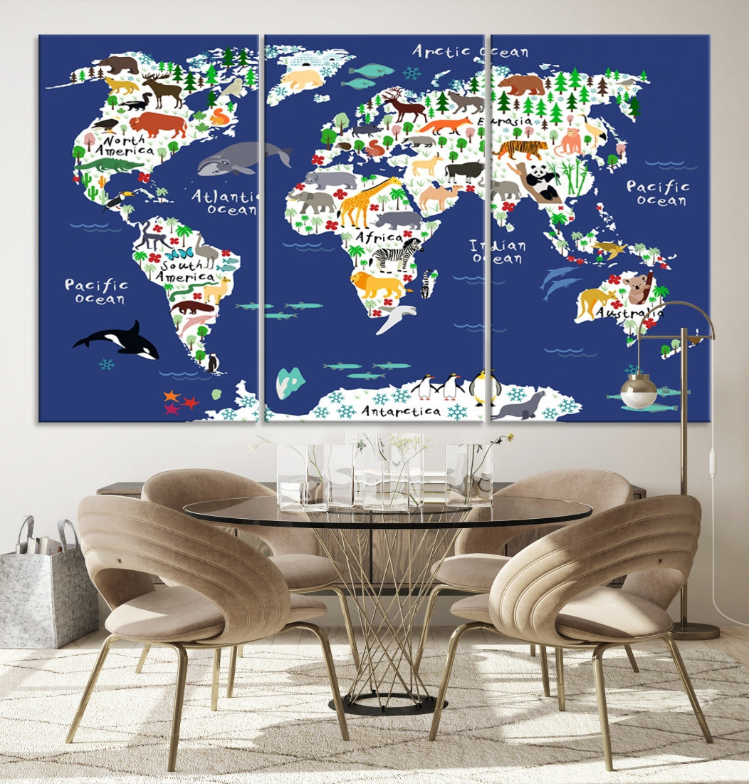 Navy Blue Animal World Map Canvas Prints For Kids Room Decoration, Kids World Map Canvas Print Nursery Room Canvas Wall