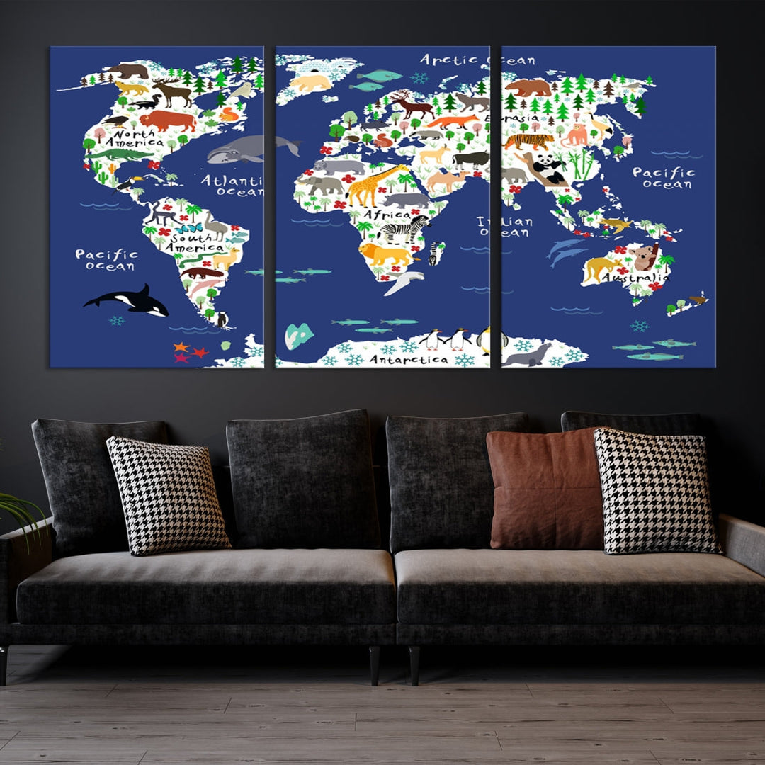 Navy Blue Animal World Map Canvas Prints For Kids Room Decoration, Kids World Map Canvas Print Nursery Room Canvas Wall