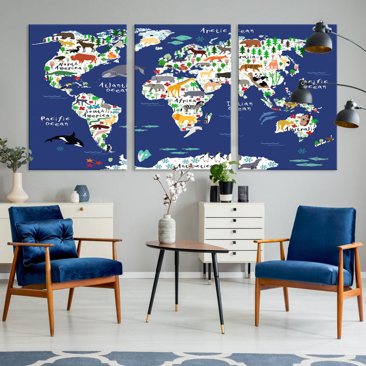 Navy Blue Animal World Map Canvas Prints For Kids Room Decoration, Kids World Map Canvas Print Nursery Room Canvas Wall