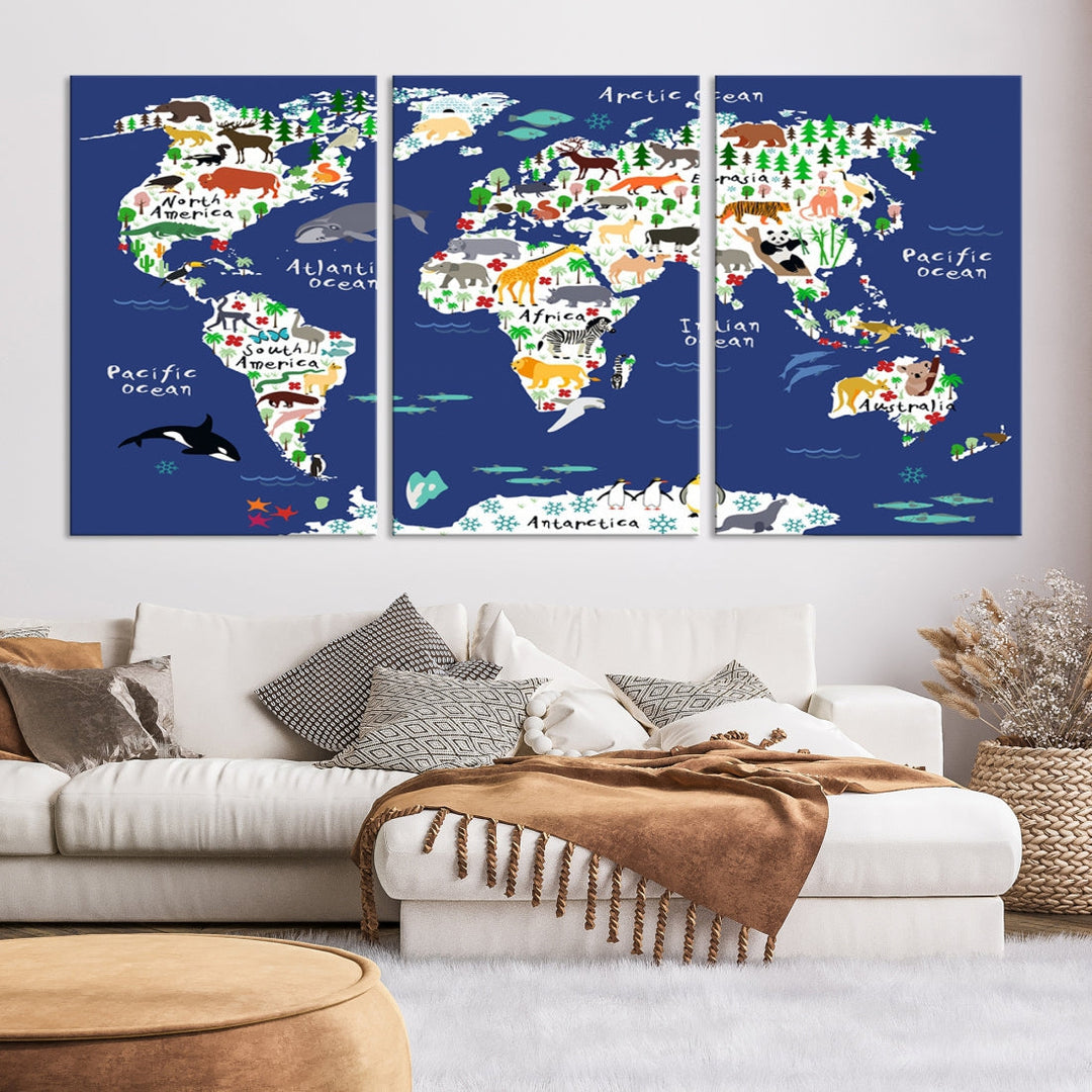 Navy Blue Animal World Map Canvas Prints For Kids Room Decoration, Kids World Map Canvas Print Nursery Room Canvas Wall