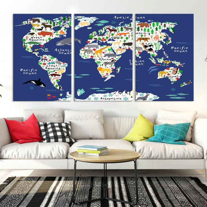 Navy Blue Animal World Map Canvas Prints For Kids Room Decoration, Kids World Map Canvas Print Nursery Room Canvas Wall