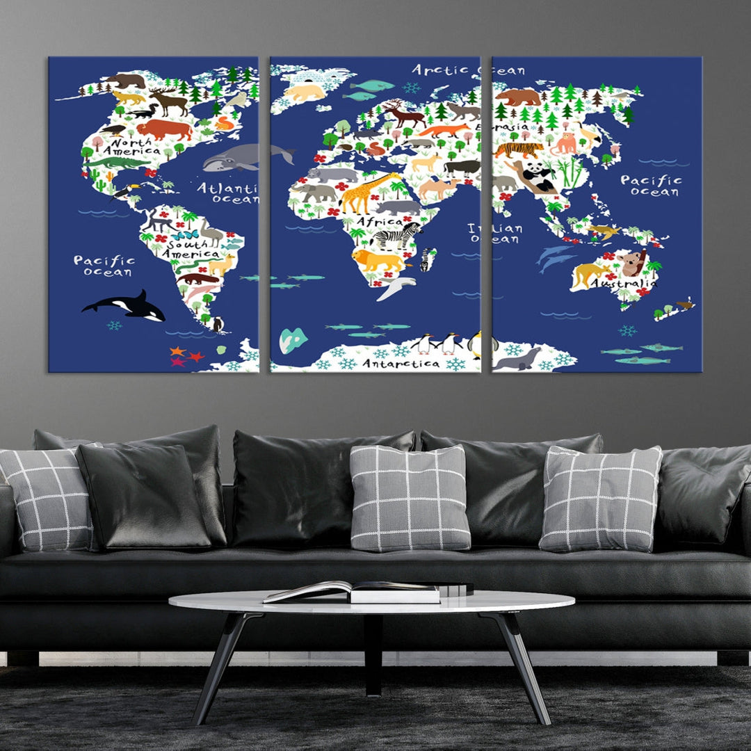 Navy Blue Animal World Map Canvas Prints For Kids Room Decoration, Kids World Map Canvas Print Nursery Room Canvas Wall