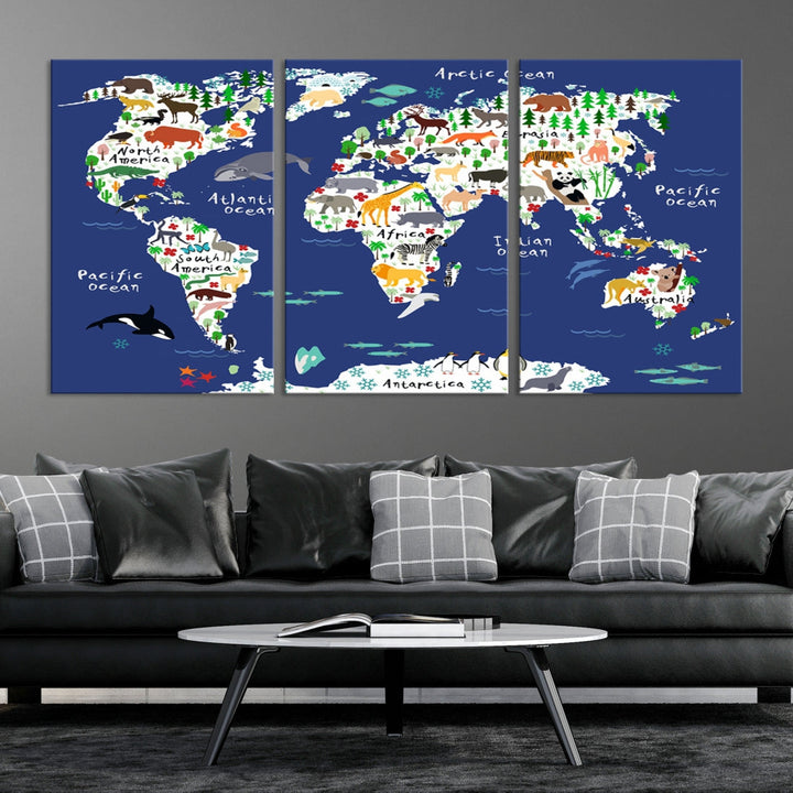 Navy Blue Animal World Map Canvas Prints For Kids Room Decoration, Kids World Map Canvas Print Nursery Room Canvas Wall