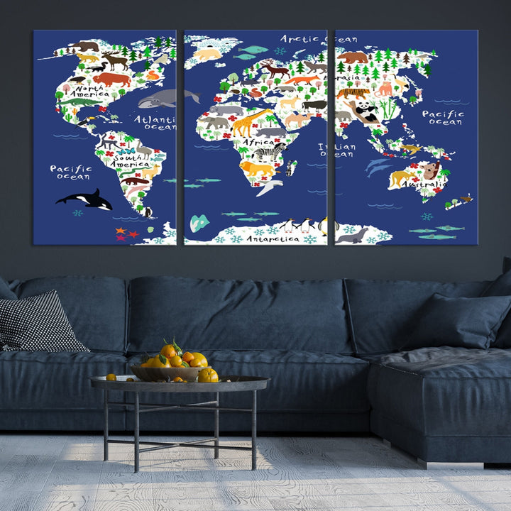 Navy Blue Animal World Map Canvas Prints For Kids Room Decoration, Kids World Map Canvas Print Nursery Room Canvas Wall