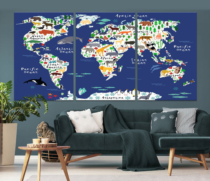 Navy Blue Animal World Map Canvas Prints For Kids Room Decoration, Kids World Map Canvas Print Nursery Room Canvas Wall