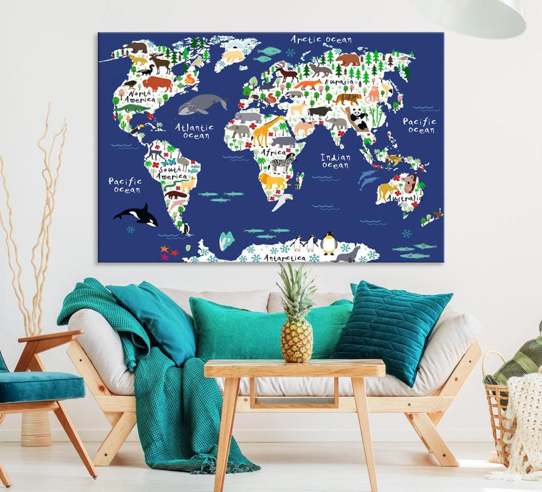 Navy Blue Animal World Map Canvas Prints For Kids Room Decoration, Kids World Map Canvas Print Nursery Room Canvas Wall