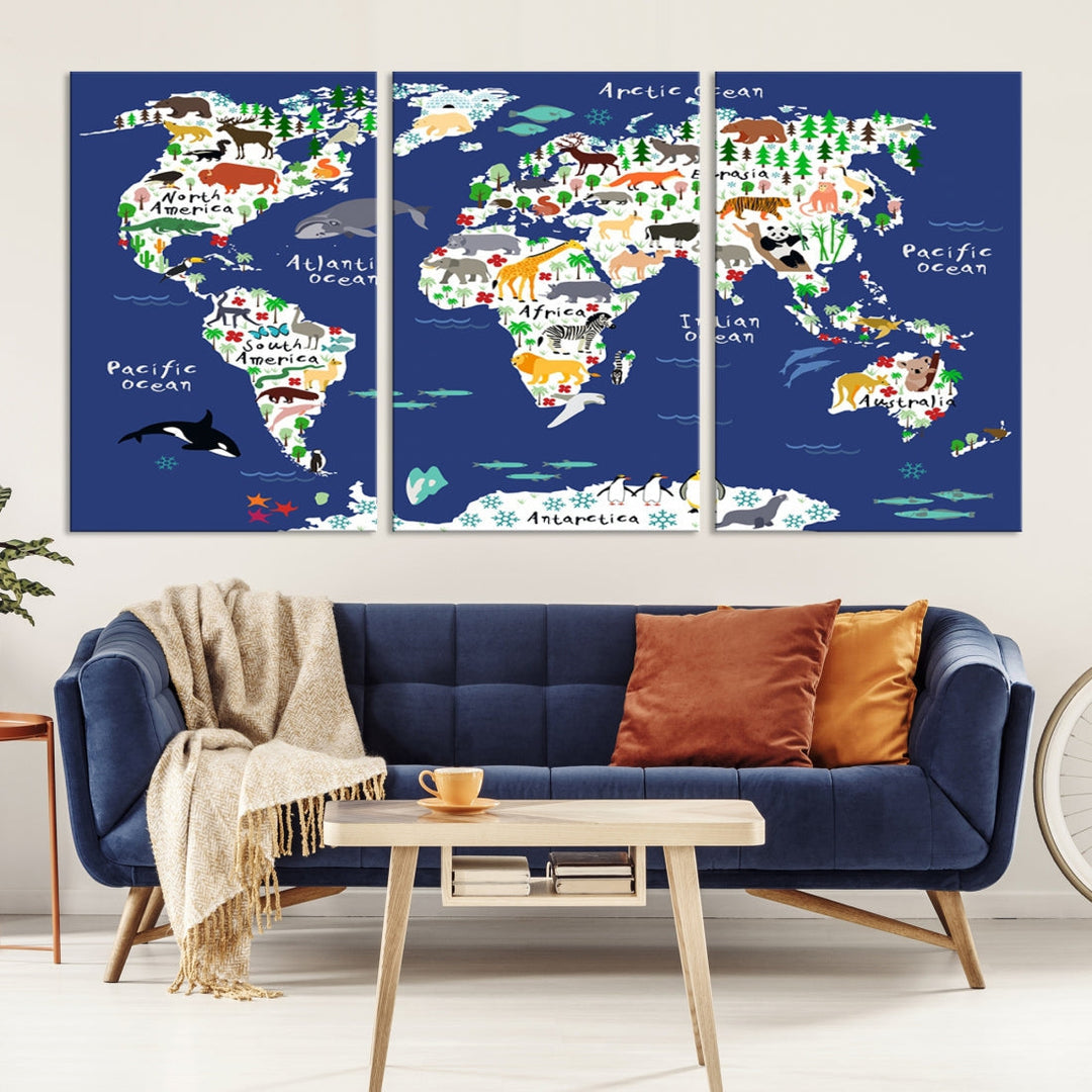 Navy Blue Animal World Map Canvas Prints For Kids Room Decoration, Kids World Map Canvas Print Nursery Room Canvas Wall