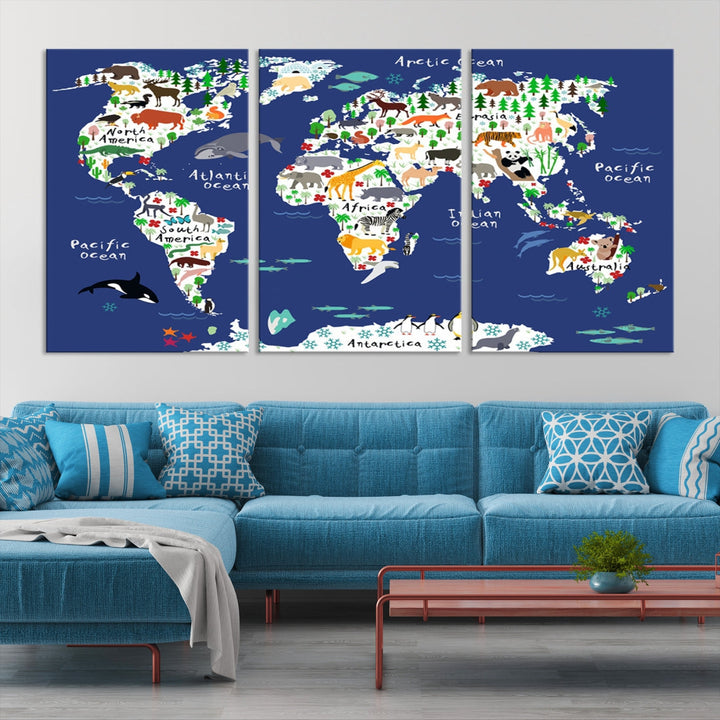 Navy Blue Animal World Map Canvas Prints For Kids Room Decoration, Kids World Map Canvas Print Nursery Room Canvas Wall