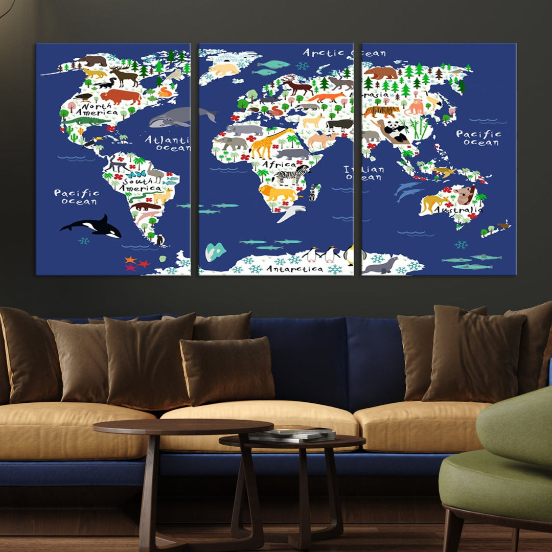 Navy Blue Animal World Map Canvas Prints For Kids Room Decoration, Kids World Map Canvas Print Nursery Room Canvas Wall