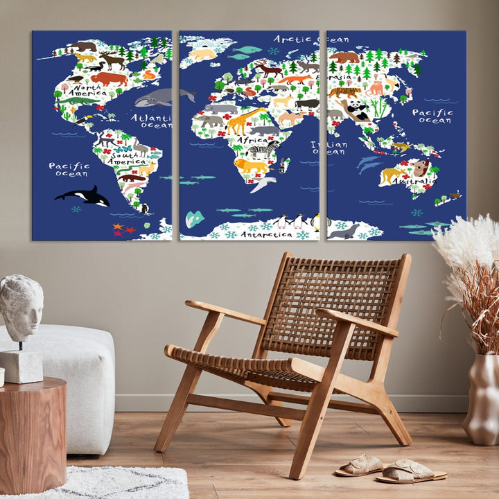 Navy Blue Animal World Map Canvas Prints For Kids Room Decoration, Kids World Map Canvas Print Nursery Room Canvas Wall