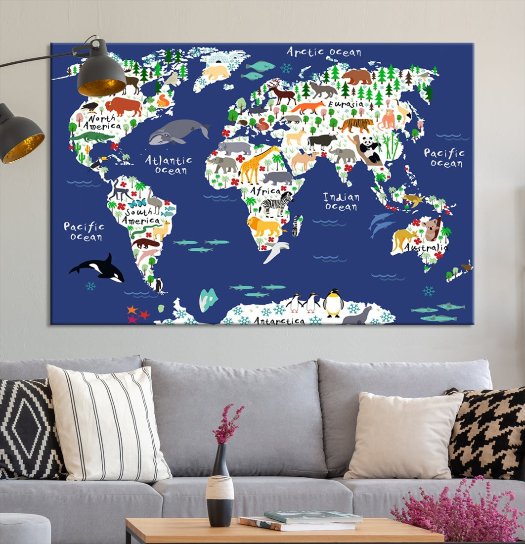 Navy Blue Animal World Map Canvas Prints For Kids Room Decoration, Kids World Map Canvas Print Nursery Room Canvas Wall