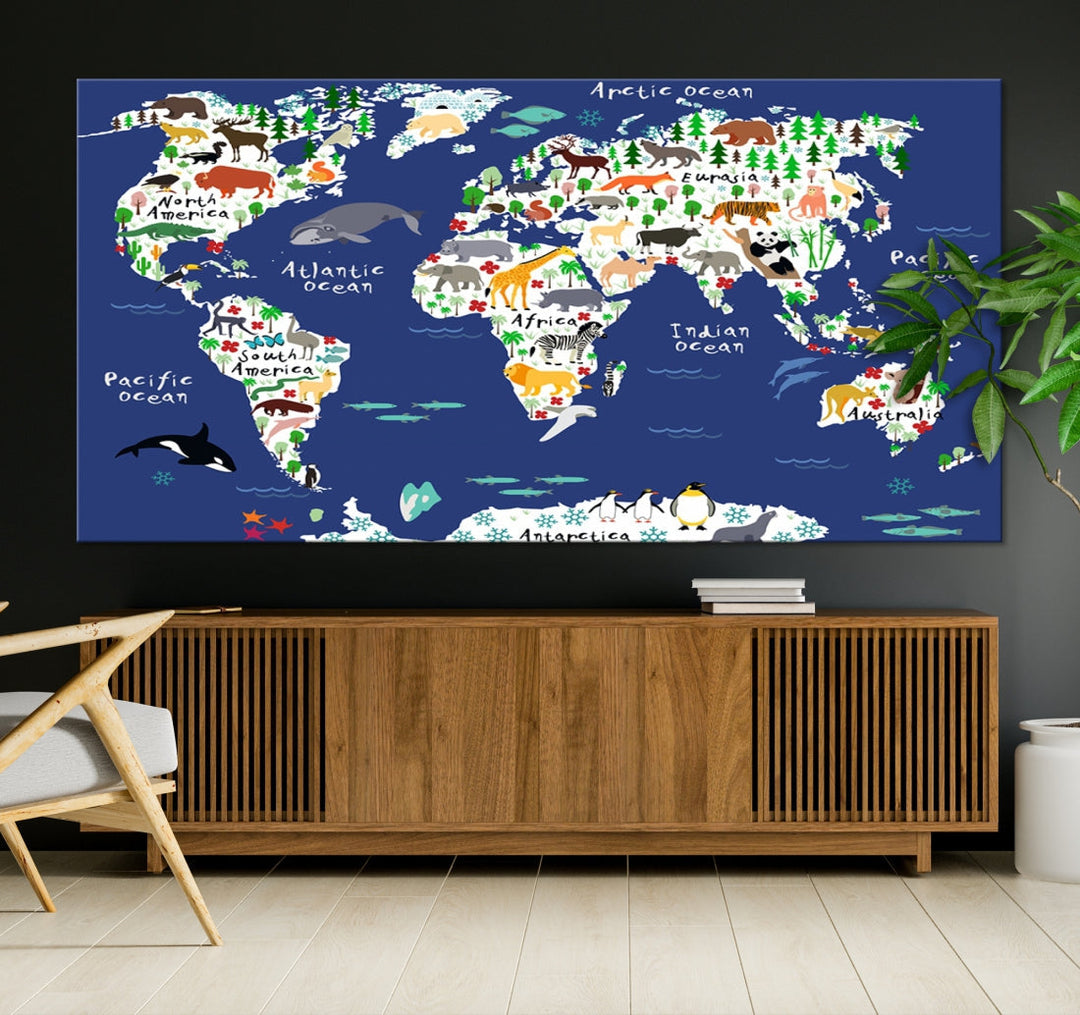 Navy Blue Animal World Map Canvas Prints For Kids Room Decoration, Kids World Map Canvas Print Nursery Room Canvas Wall