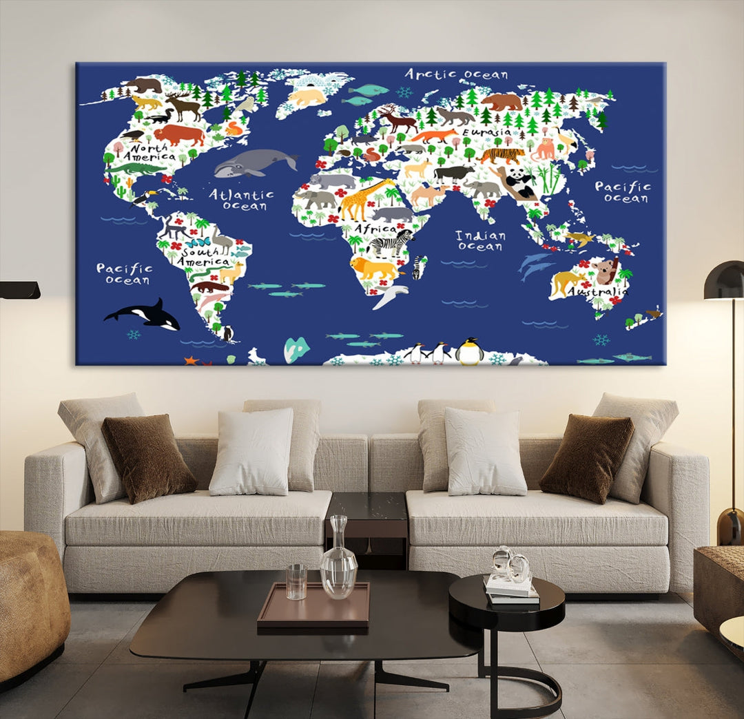 Navy Blue Animal World Map Canvas Prints For Kids Room Decoration, Kids World Map Canvas Print Nursery Room Canvas Wall