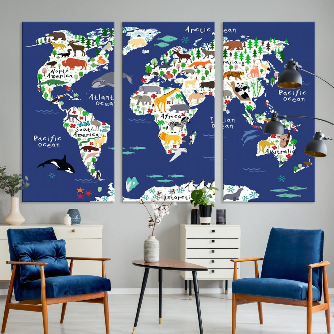 Navy Blue Animal World Map Canvas Prints For Kids Room Decoration, Kids World Map Canvas Print Nursery Room Canvas Wall