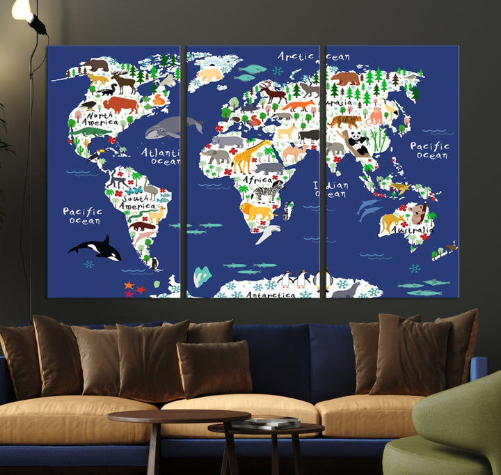 Navy Blue Animal World Map Canvas Prints For Kids Room Decoration, Kids World Map Canvas Print Nursery Room Canvas Wall