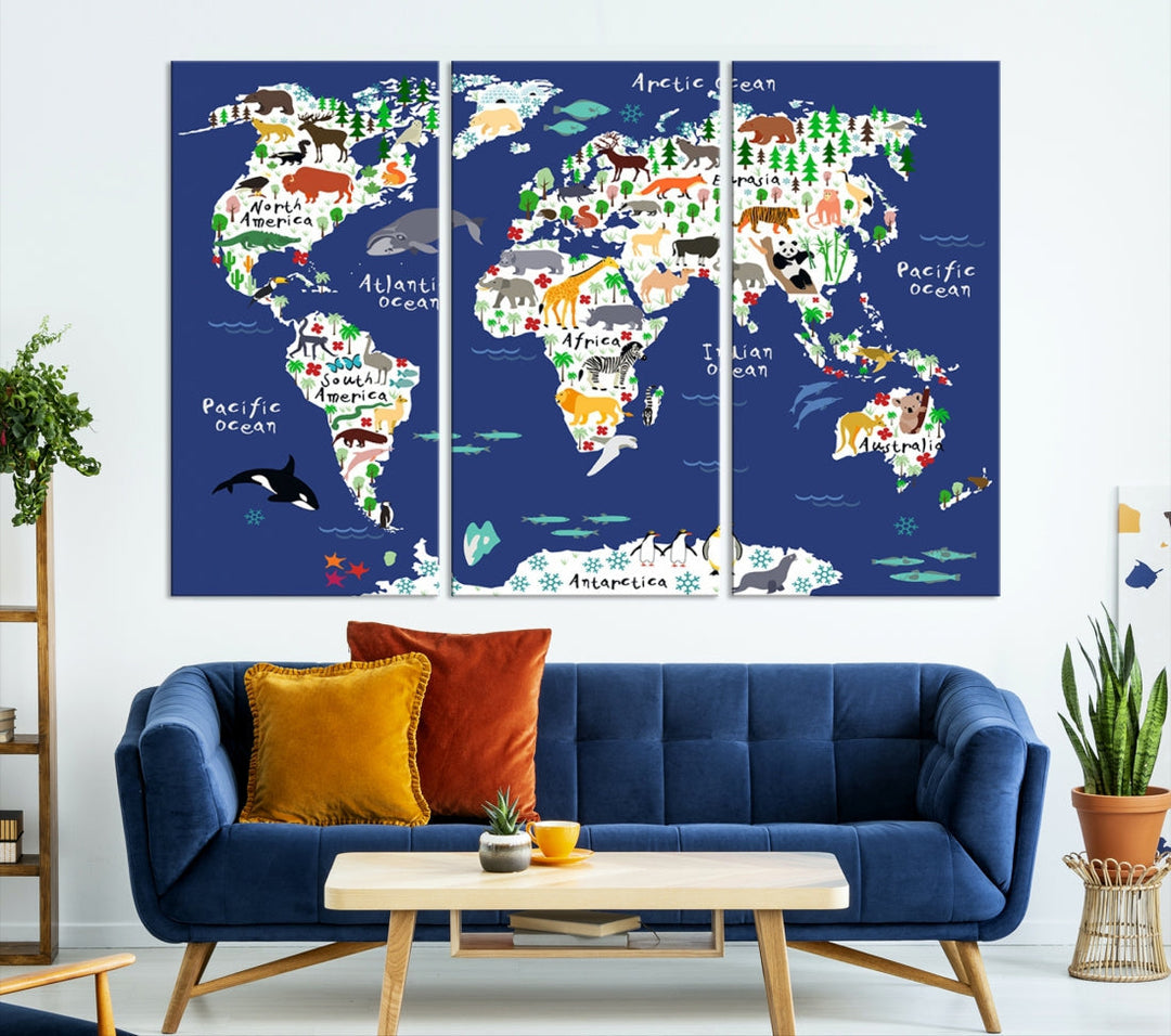 Navy Blue Animal World Map Canvas Prints For Kids Room Decoration, Kids World Map Canvas Print Nursery Room Canvas Wall